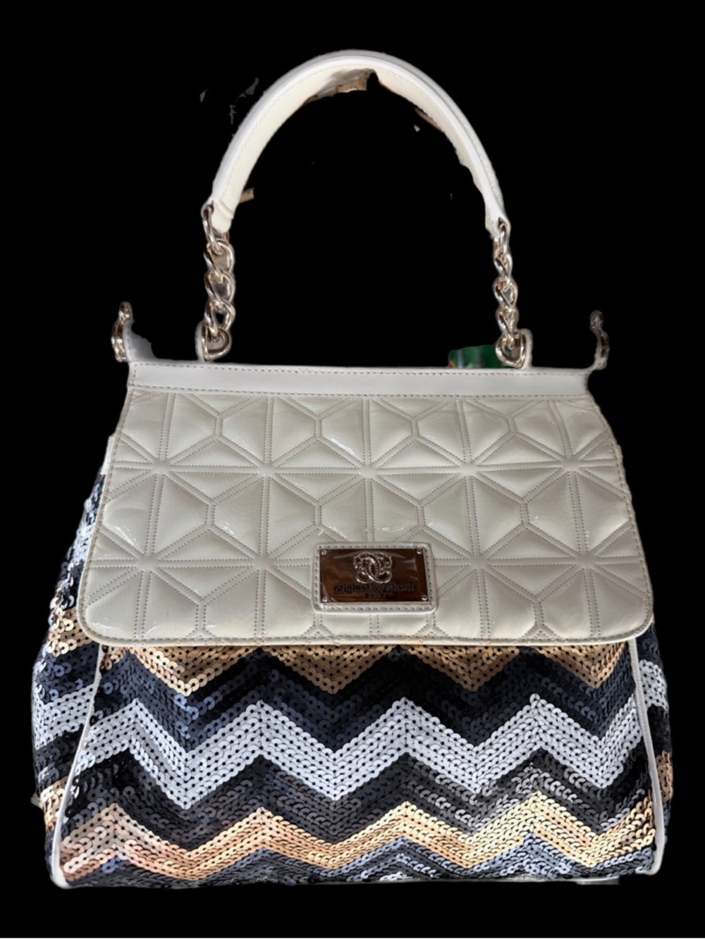 Sharif Sequin Chevron Tote in White, Blue & Gold - Picture 2 of 10